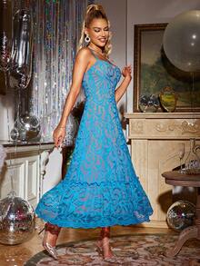 Glamaker Vestido de tirantes bajo con fruncido con encaje - Azul - Ver 3