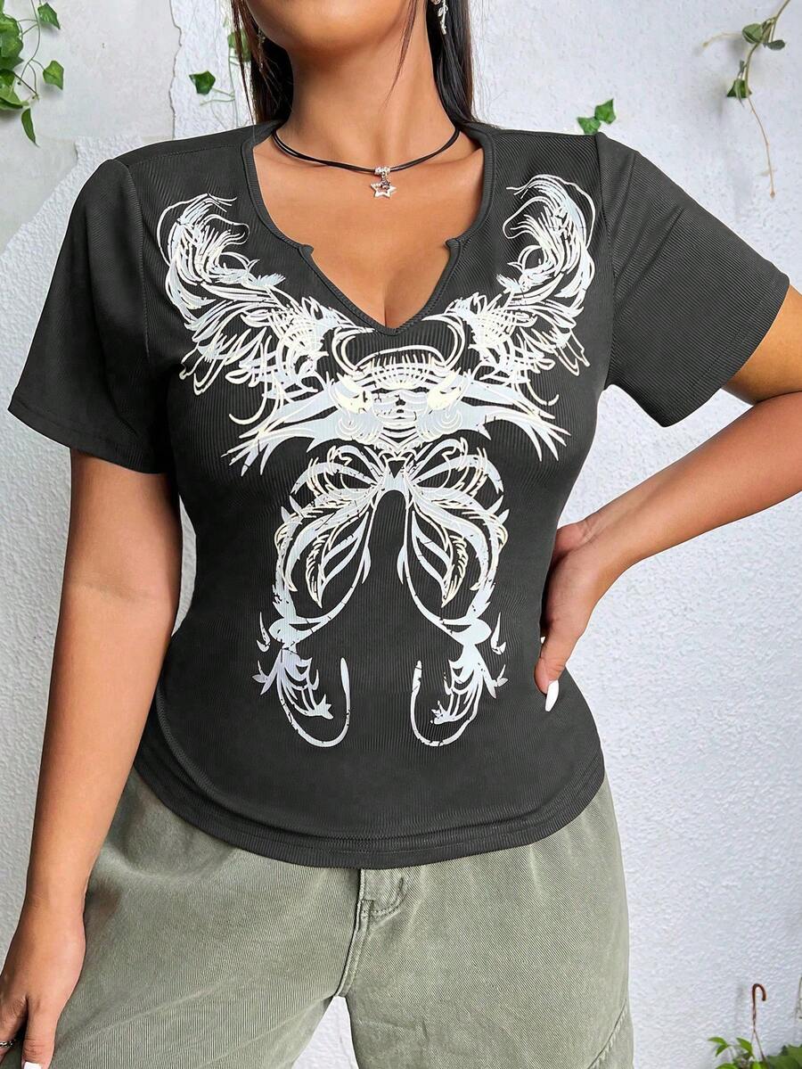 PUNK Hơn In bướm Cổ có Lỗ hổng Áo thun - Xám - Xem 1