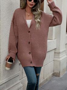 SHEIN Unity Drop Shoulder Button Front Cardigan - Dusty Pink - View 3