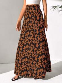 SHEIN Tall Allover Print High Waist Maxi Skirt - Coffee Brown - View 5