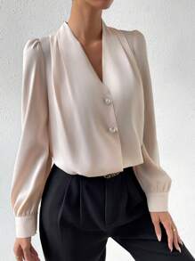 EMERY ROSE Solid Button Front Blouse - Apricot - View 1