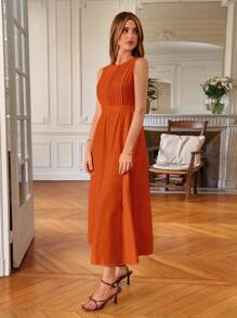 Poéselle Solid Sleeveless A-line Dress - Orange - View 7