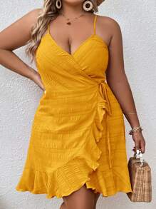 SHEIN VCAY Đầm Plus Size Thắt nút Viên lá sen Trọn gói màu trơn Giải trí - Màu vàng - Xem 6