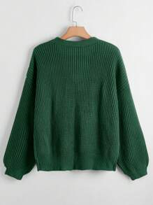 Calvaya áo hở cổ kích thước lớn Gân đan Nút phía trước màu trơn Giải trí - màu xanh lá - Xem 2