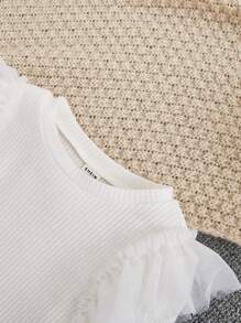 SHEIN Young Girl Contrast Mesh Ruffle Trim Ribbed Knit Tee