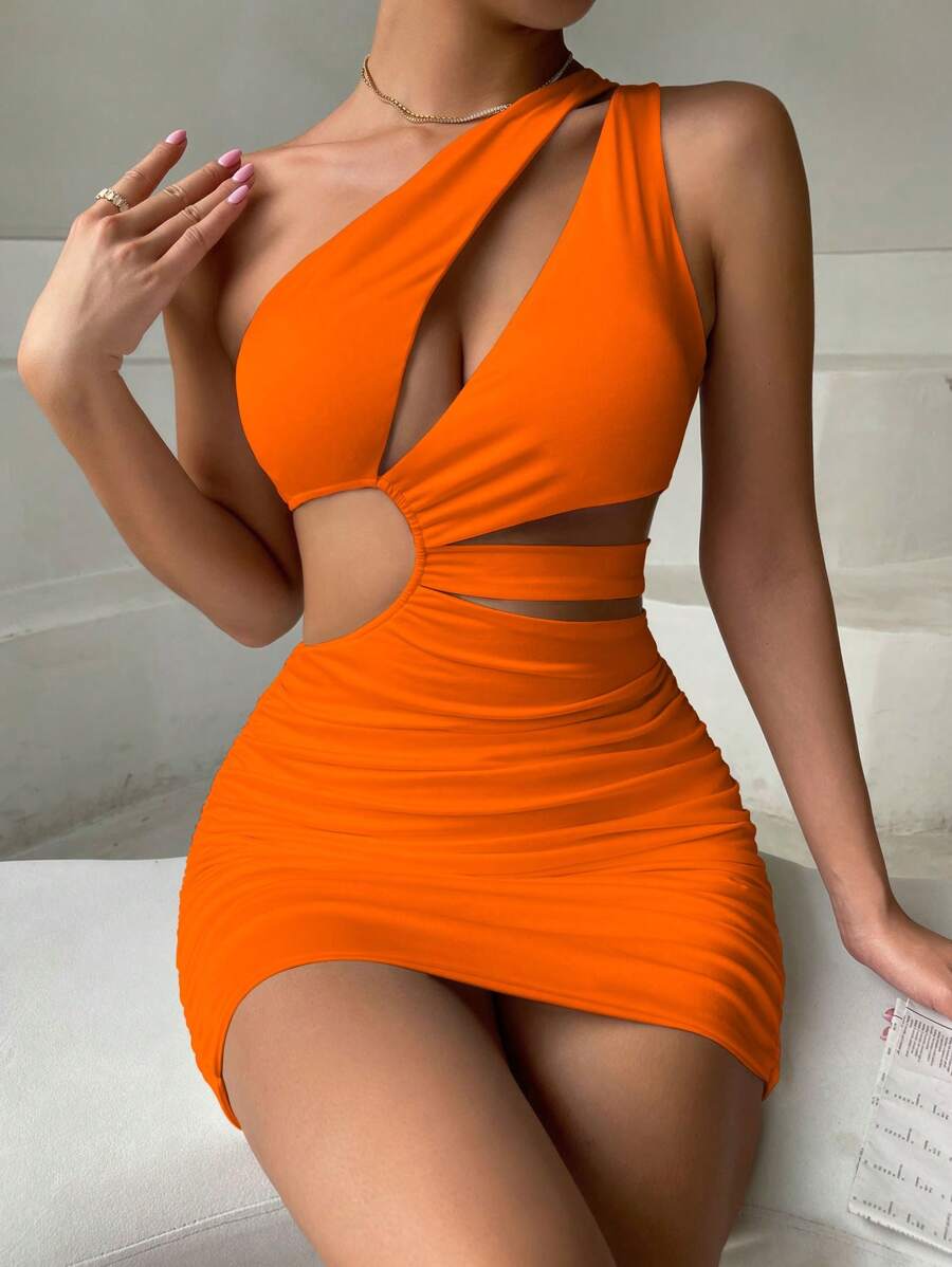 SHEIN Allurite 鏤空單肩褶邊緊身洋裝 - 亮橙色 - 查看 1