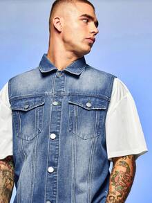 Manfinity Hypemode Men 1pc Flap Pocket Denim Vest Jacket - Medium Wash - View 6