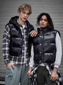 Manfinity VCAY 1 件拉链开合连帽超宽松无袖棉服外套，适合秋冬 - 黑色 - 查看 8