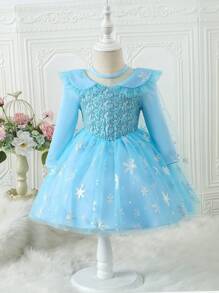 Bebé niña Vestido de fiesta estampado de copo de nieve ribete con fruncido con malla - Azul - Ver 1