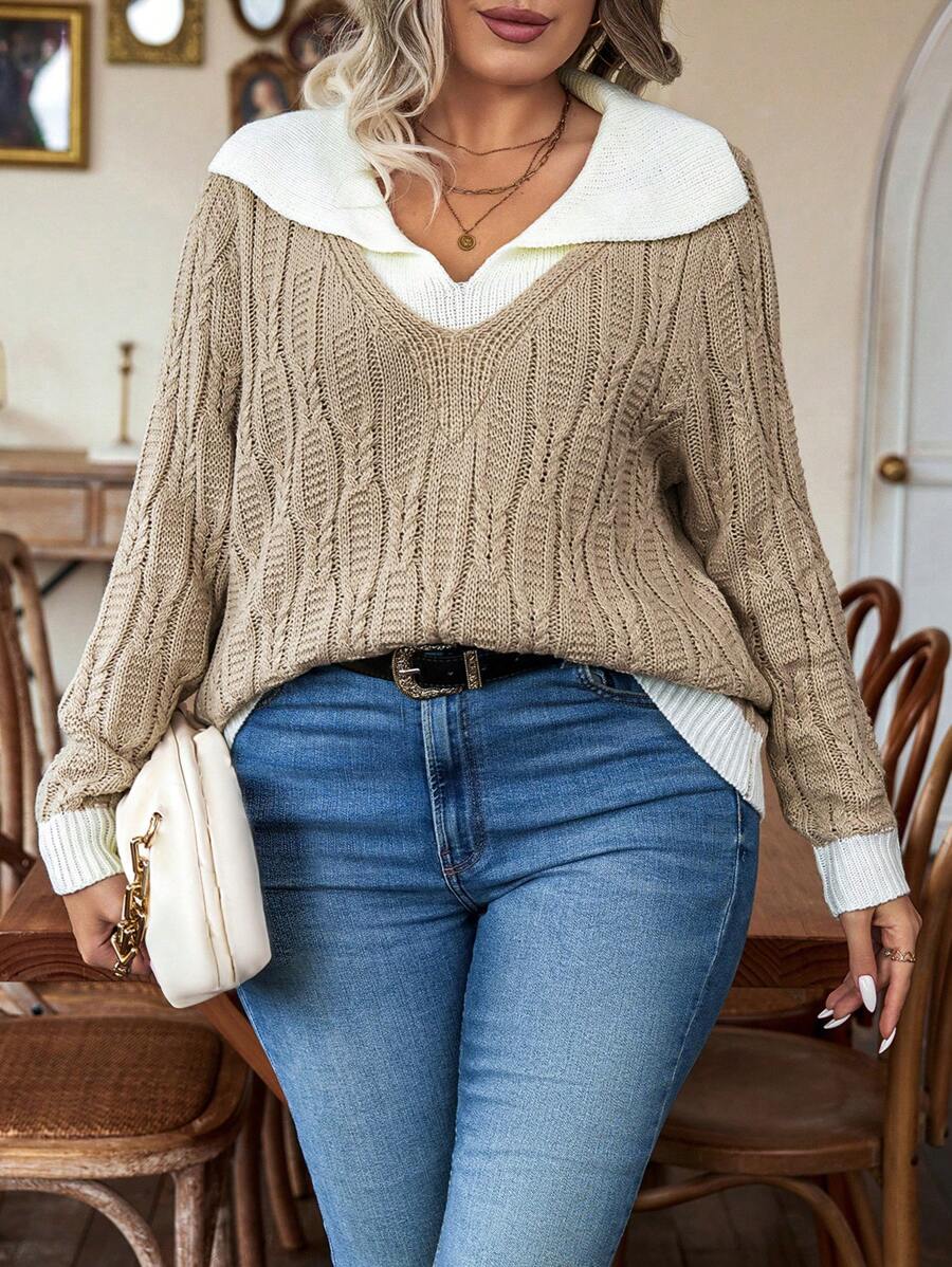 Calvaya Plus Contrast Trim Contrast Collar Sweater Knit Pullover Fall Winter Autumn Sweater - Khaki - View 1