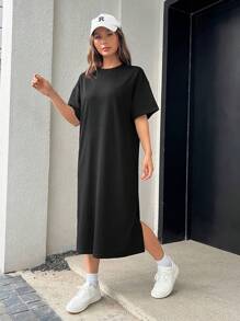SHEIN EZwear 素色下擺開叉落肩T恤連衣裙 - 黑色 - 查看 4