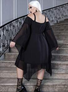 PUNK Plus Halloween Cold Shoulder Trumpet Sleeve Dress Without Belt - Black - View 2