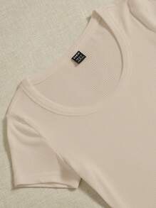 SHEIN EZwear Solid Ribbed Knit Bodysuit - Apricot - View 5