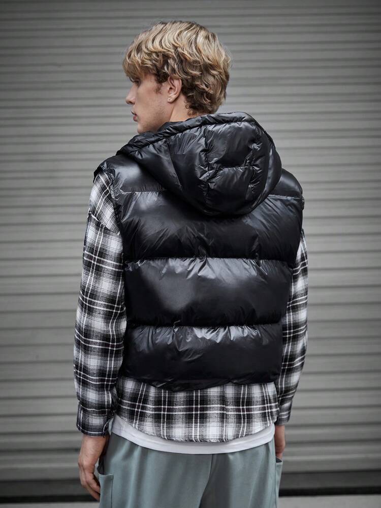 1pc Zipper Closure Hooded Ultra-Loose Fit Sleeveless Padded Coat, For Fall Winter