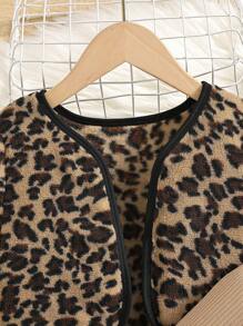 SHEIN Young Girl Leopard Print Jacket & Mock Neck Belted Dress - Khaki - View 5