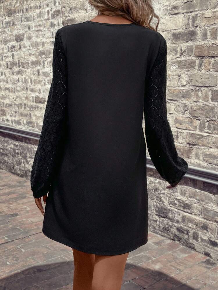 Solid Scallop Trim Lantern Sleeve Dress Fall Cloth For Women