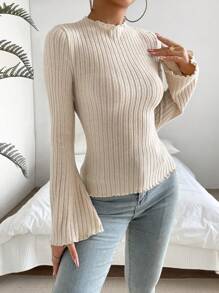 SHEIN LUNE 木耳邊喇叭袖小高領條紋針織T恤 - 杏色 - 查看 7