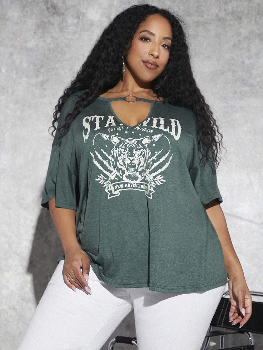 SHEIN CURVE+ 大碼老虎和字母圖案落肩T恤 - 墨綠色 - 查看 1