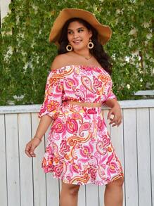 SHEIN VCAY 大碼佩斯利印花露肩短款上衣和荷葉邊下擺半身裙 - 彩色 - 查看 6