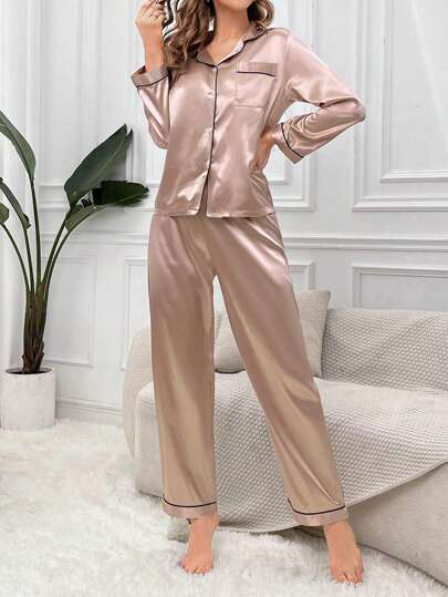 Contrast Piping Satijnen Top Pants PJ Set Pajama Set, Fall Clothes Cozy Elegante s, view 4