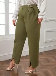 SHEIN Essnce 大碼素色下擺開叉西裝褲 - 綠色 - 查看 1