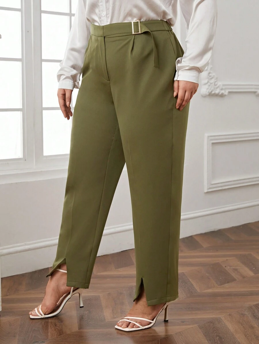 SHEIN Essnce 大碼素色下擺開叉西裝褲 - 綠色 - 查看 1