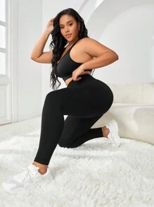 Yoga Basic 大碼四種寬腰帶運動打底褲 - 黑色 - 查看 3