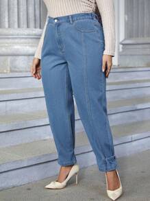 SHEIN Essnce Plus Buckled Hem Jeans - Medium Wash - View 5