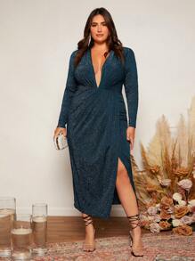 SHEIN Belle Trang phục phù dâu cho phụ nữ Plus Trọn gói Tách cao màu trơn - Màu xanh ngọc - Xem 6