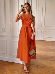 Poéselle Solid Sleeveless A-line Dress - Orange - View 2