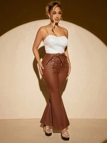 SHEIN SXY Lace Up Front Flare Leg Patent Pants - Coffee Brown - View 8