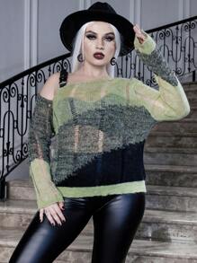 Flirla Plus Halloween Colorblock Asymmetrical Neck Buckle Strap Detail Sweater Knit Pullover Fall Winter Sweater - Multicolor - View 4