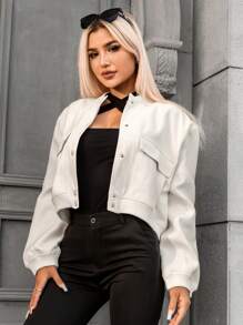 GENKIRA Flap Pocket Bomber Jacket - Beige - View 3