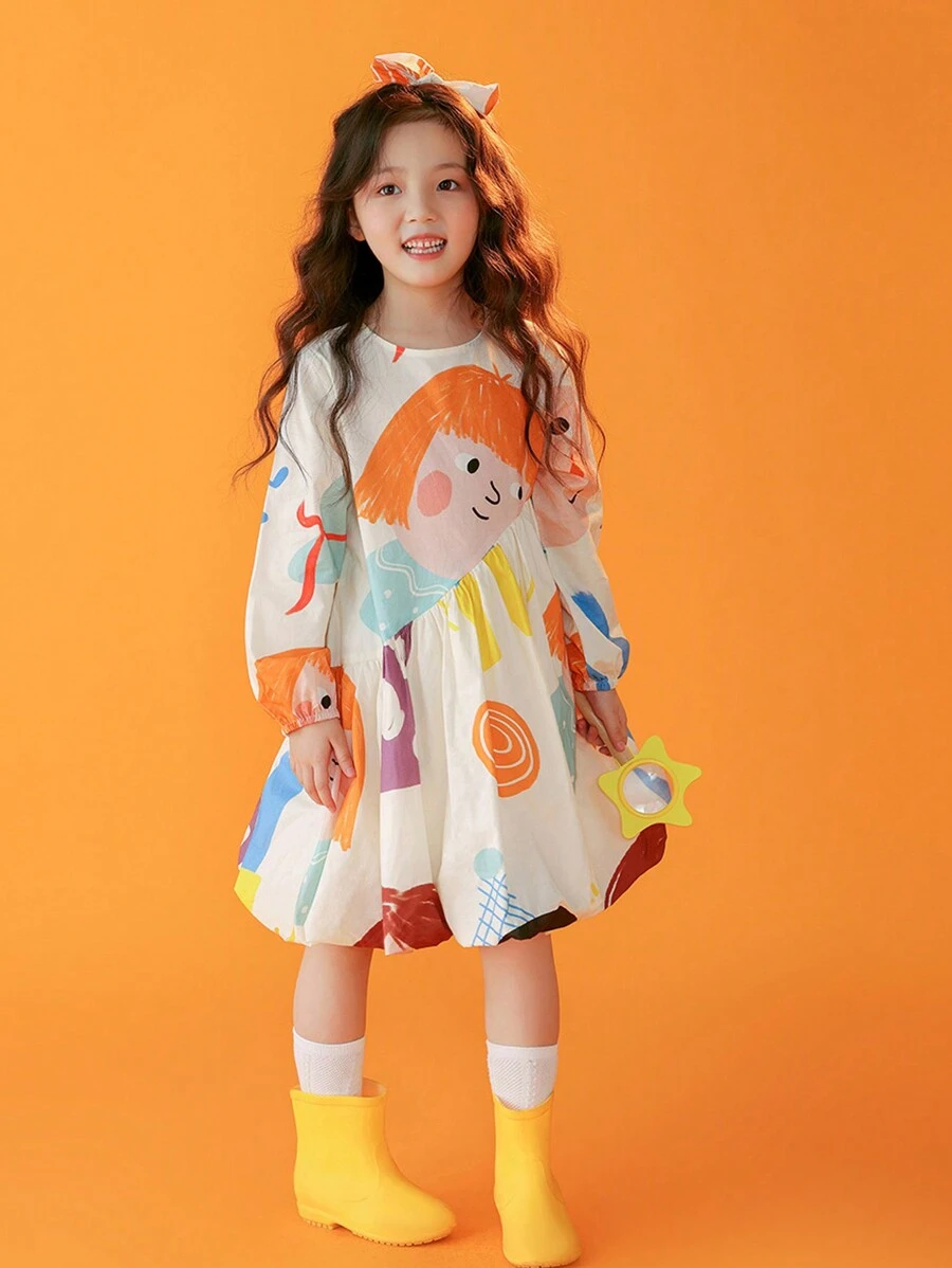 Chica Joven Vestido con estampado de dibujos animados bajo con fruncido - Multicolor - Ver 1