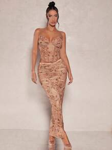 SHEIN BAE Floral Print Ruched Bustier Mesh Cami Top - Multicolor - View 4