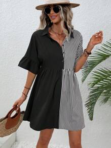 SHEIN Unity Striped Print Flare Sleeve Shirt Dress