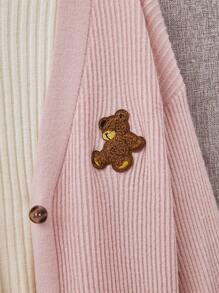 SHEIN Cô gái Tween 1 Miếng Thêu Gấu Túi Kép Thả vai Áo len Mở - Hồng - Xem 3