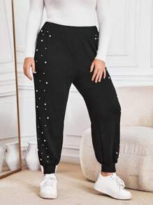 SHEIN Essnce Plus Pearls Beaded Sweatpants - Black - View 6