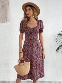 SHEIN VCAY In hoa Ditsy Tách đùi Đầm - màu đen - Xem 3