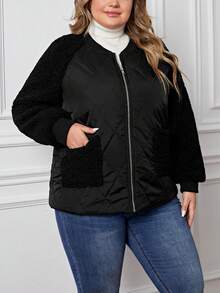 SHEIN LUNE Plus Contrast Teddy Raglan Sleeve Quilted Coat - Black - View 3
