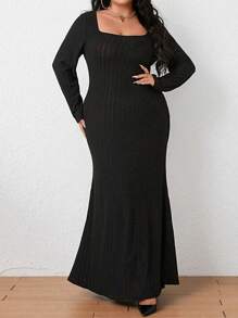 SHEIN Clasi Plus Square Neck Ribbed Knit Dress Without Belt Maxi Women Outfit - Black - View 4