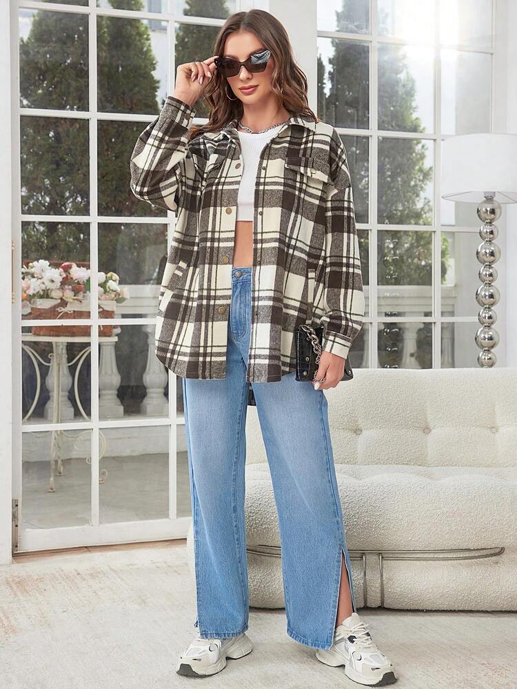 Pocket Front Plaid Print Drop Shoulder Overcoat Fall Cloth For Women