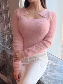 DAZY Cut Out Front Fluffy Knit Sweater,Long Sleeve Tops,Fall Women Clothes - Pink - View 1