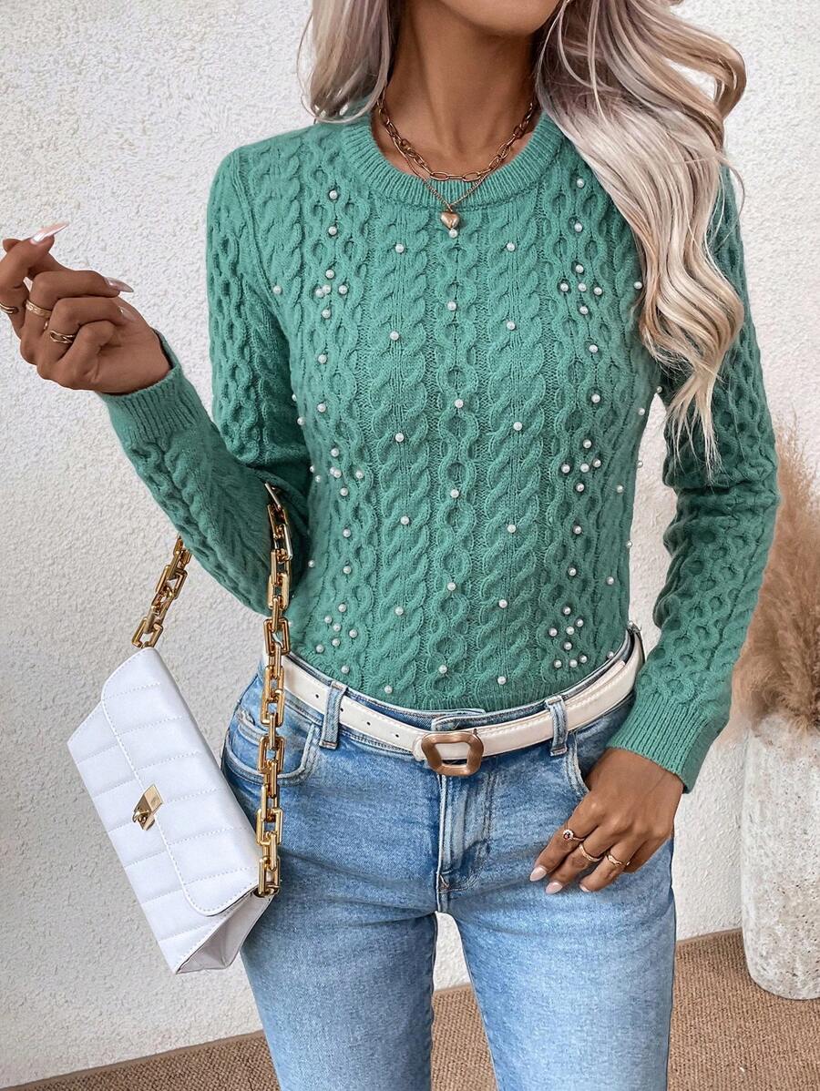 SHEIN Clasi Chất rắn Ngọc trai đính cườm Xoắn Dan Áo len - màu xanh lá - Xem 1