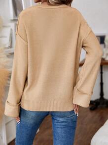 EMERY ROSE Half Button Drop Shoulder Sweater Knit Pullover Fall Winter Outfit - Khaki - View 2