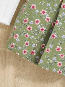 SHEIN Tween Girl Ruffle Trim Tee & Ditsy Floral Print Fold Pleated Shorts - Multicolor - View 8