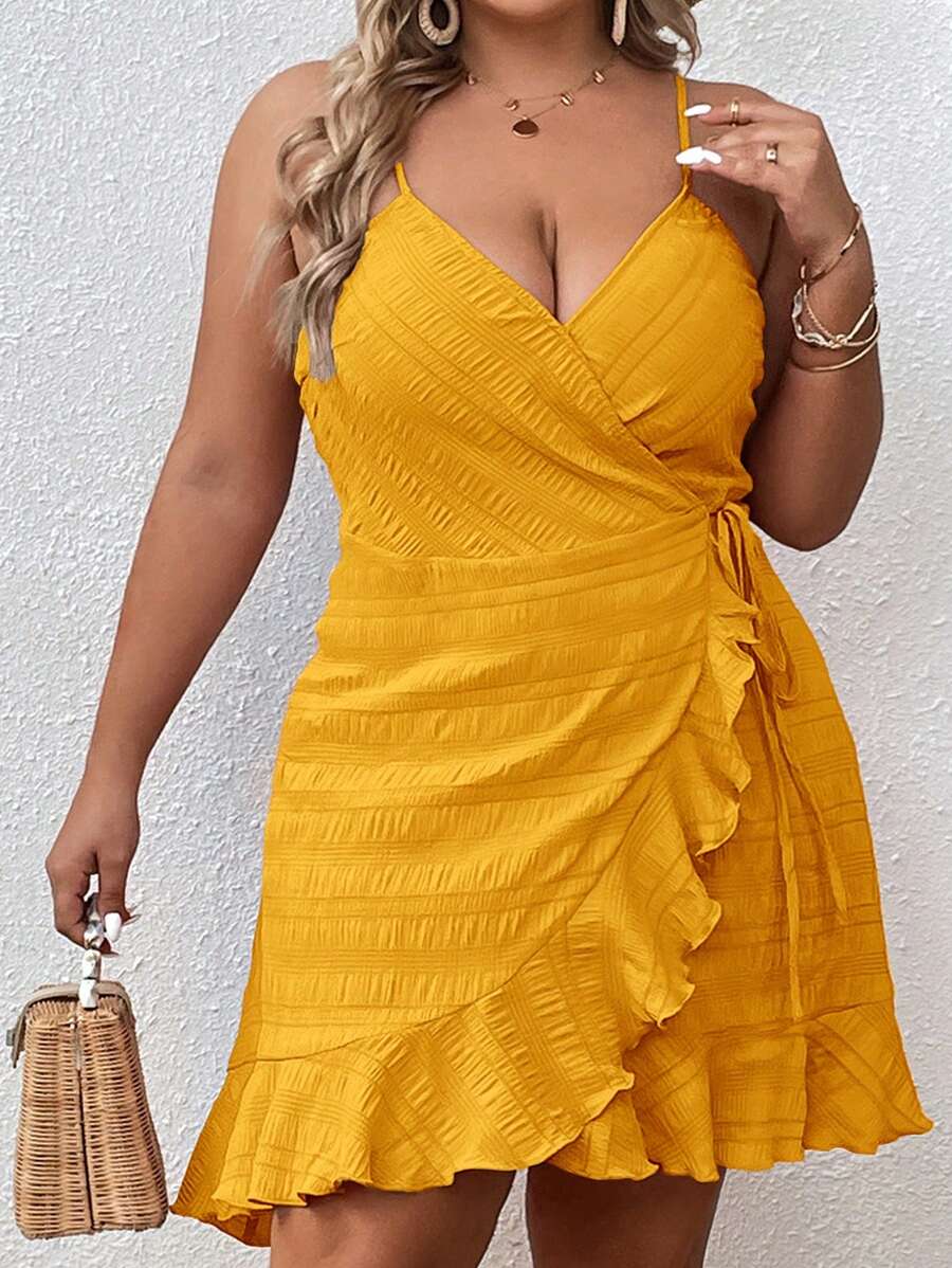 SHEIN VCAY Đầm Plus Size Thắt nút Viên lá sen Trọn gói màu trơn Giải trí - Màu vàng - Xem 1