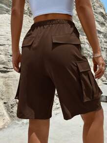 SHEIN Unity Flap Pocket Side Drawstring Waist Cargo Shorts - Chocolate Brown - View 2