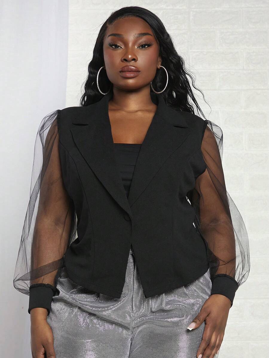 Slaydiva Plus Contrast Mesh Lantern Sleeve Blazer - Black - View 1