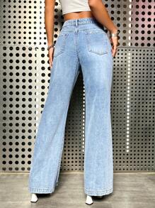 SHEIN ICON Butterfly Print Ripped Straight Leg Jeans - Medium Wash - View 2